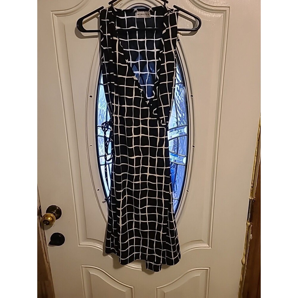Ninety Black Black & White CheckPrint Wrap Front Dress 90s Vtg Women's Large